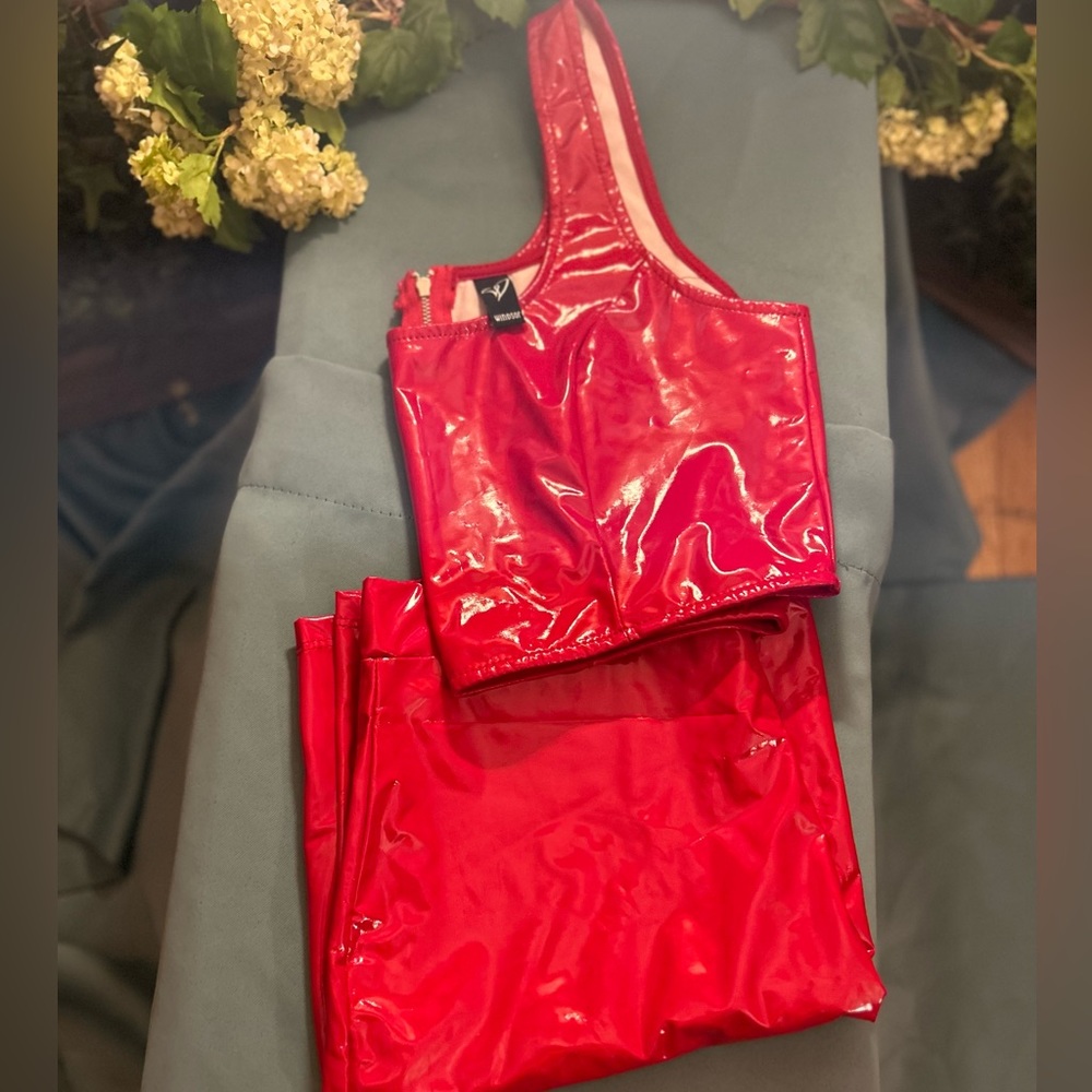 COPY - Red patten leather 2pc skirt and top.